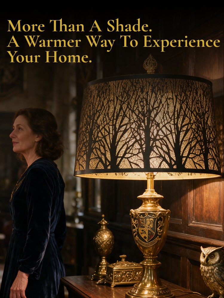 Oversized oval metal lamp shade in black with warm gold lined interior, casting soft ambient glow for vintage modern home interiors