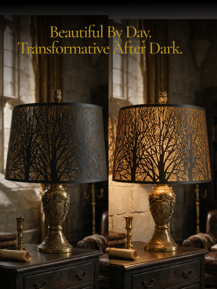 Black oval metal lamp shade with etched woodland pattern - sculptural look by day, transformative warm golden glow after dark