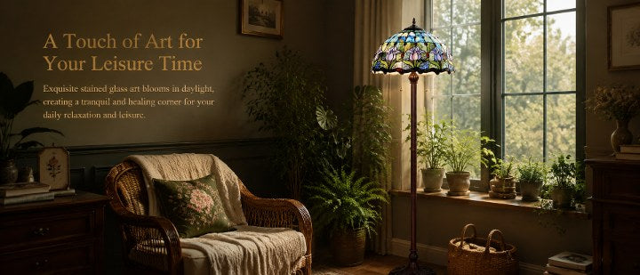 Blue Tulip floral Tiffany lamp placed in a relaxing home corner with natural light and artistic vintage decoration