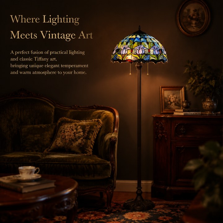 Blue Tulip stained glass floor lamp adding artistic vintage charm and warm ambiance to classic home interiors