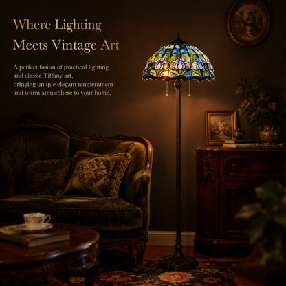 Blue Tulip stained glass floor lamp adding artistic vintage charm and warm ambiance to classic home interiors