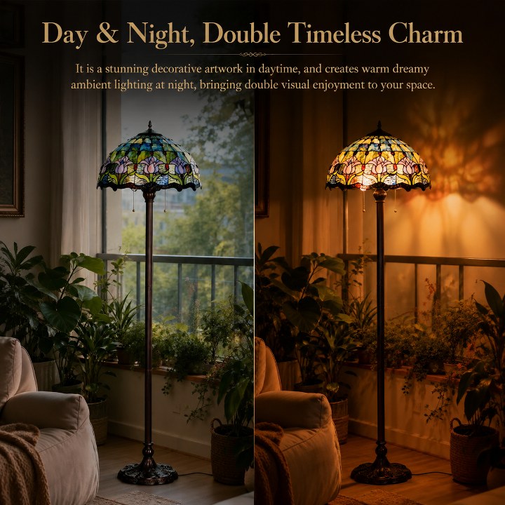 Blue Tulip Tiffany lamp showing daytime decorative style and warm glowing stained glass lighting effect at night
