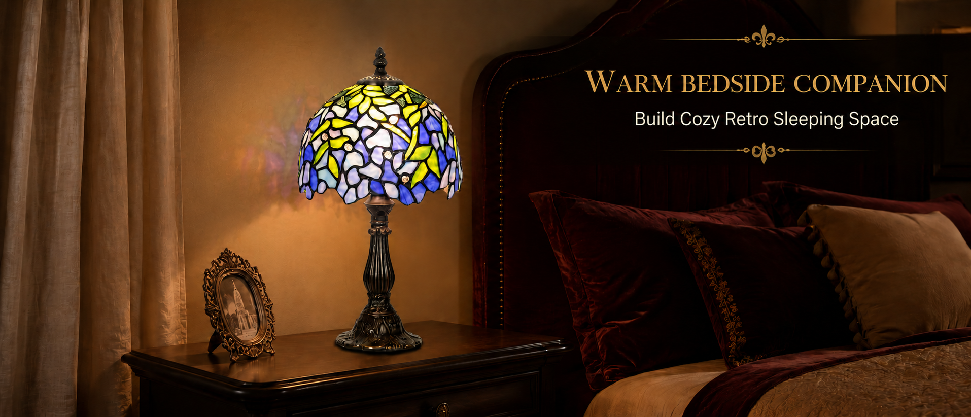 Blue wisteria nightstand lamp casting a gentle warm glow beside a bed for cozy evening lighting and retro bedroom decor