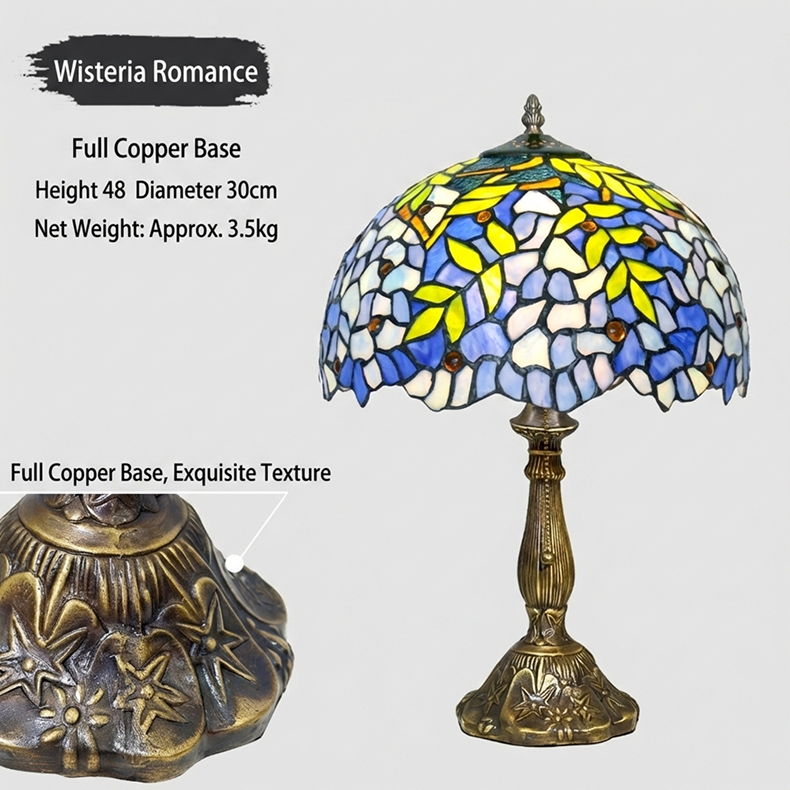 Close-up of handcrafted wisteria inspired stained glass shade with flowing blue and soft green floral detailing