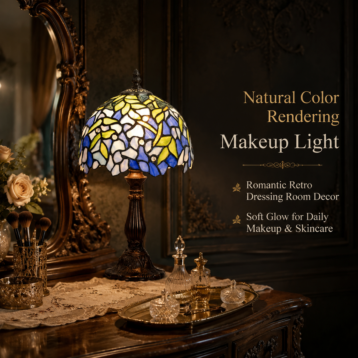 Blue and lavender wisteria stained glass table lamp used as decorative vanity lighting beside an antique mirror