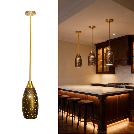 Boho pendant light with gold metal teardrop shade for bedroom