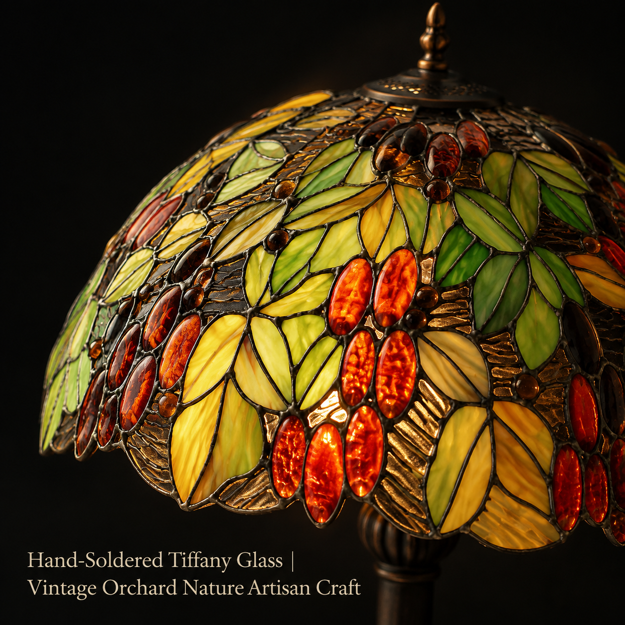 Botanical stained glass lamp shade featuring handcrafted leaf patterns and warm amber green glass details
