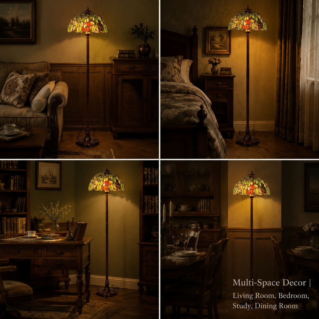Botanical Tiffany floor lamp decorating living room bedroom study and dining spaces with warm vintage ambiance