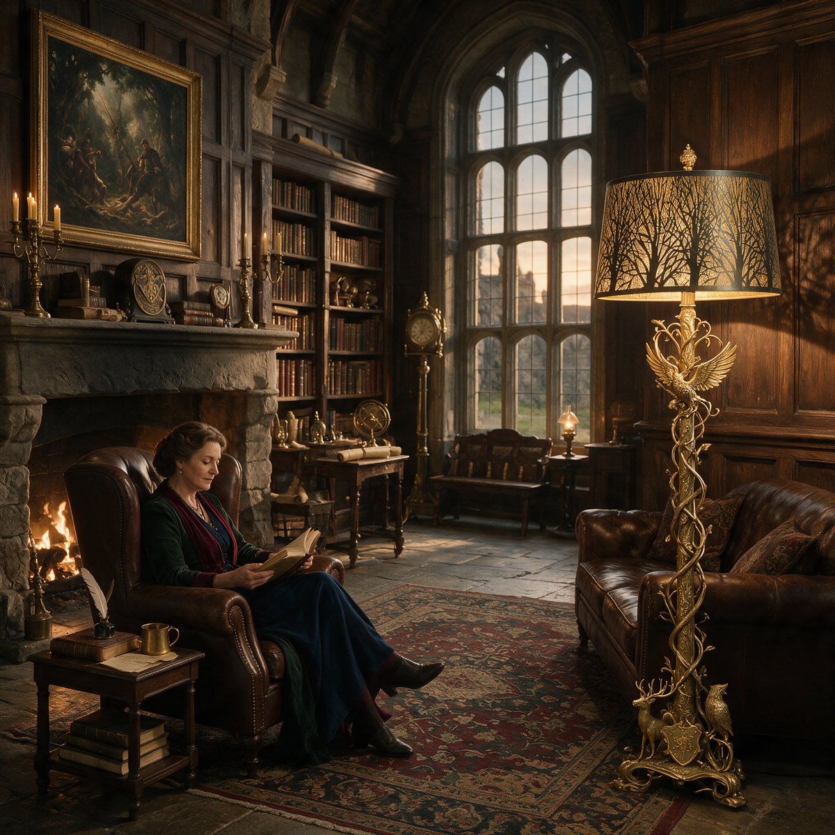 Oval bronze metal lamp shade on ornate floor lamp, warm ambient lighting in vintage castle style living room with fireplace