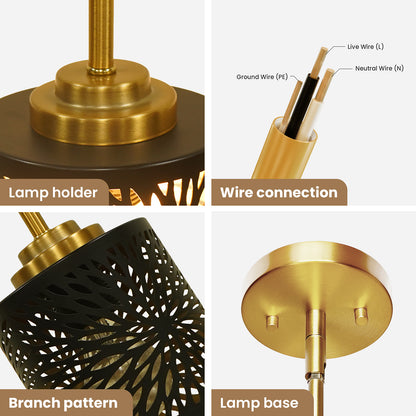 Close-up of bronze gold perforated metal drum pendant light shade