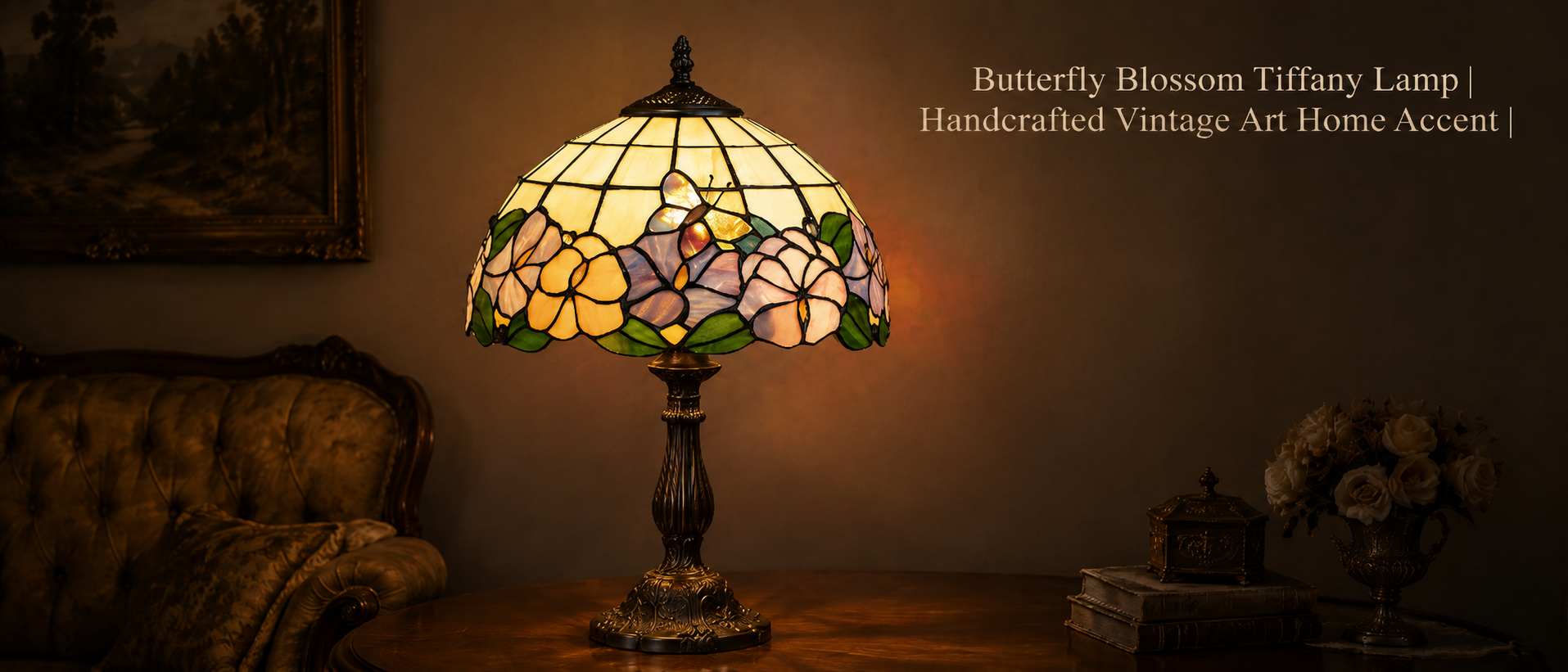 Butterfly floral glass table light creating a warm vintage atmosphere in an elegant classic living space