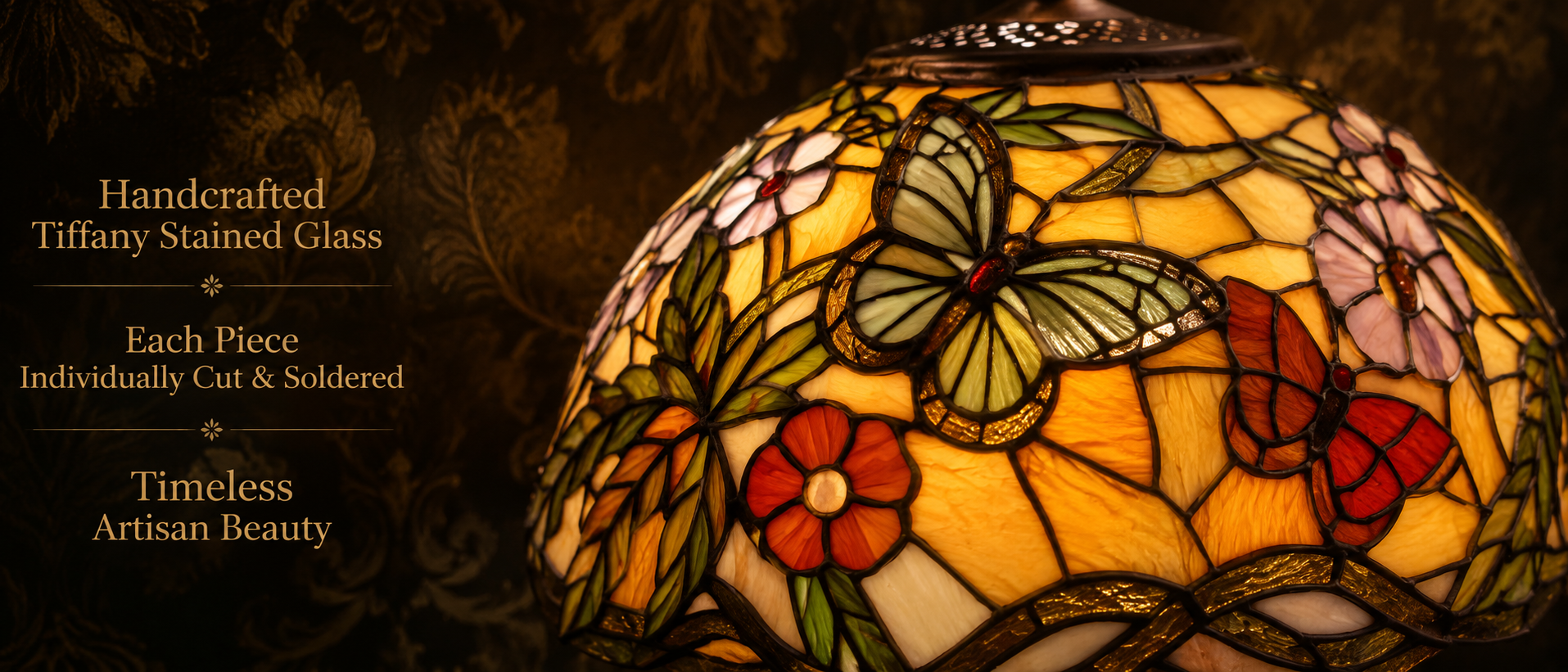 Handcrafted butterfly floral stained glass shade featuring colorful mosaic glass pieces and artisan soldering details