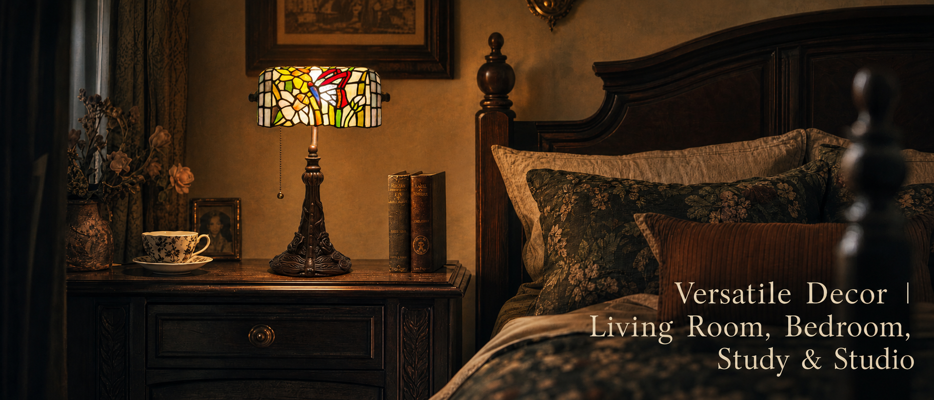Tiffany style butterfly stained glass banker lamp on a vintage bedside table for bedroom, study and reading spaces