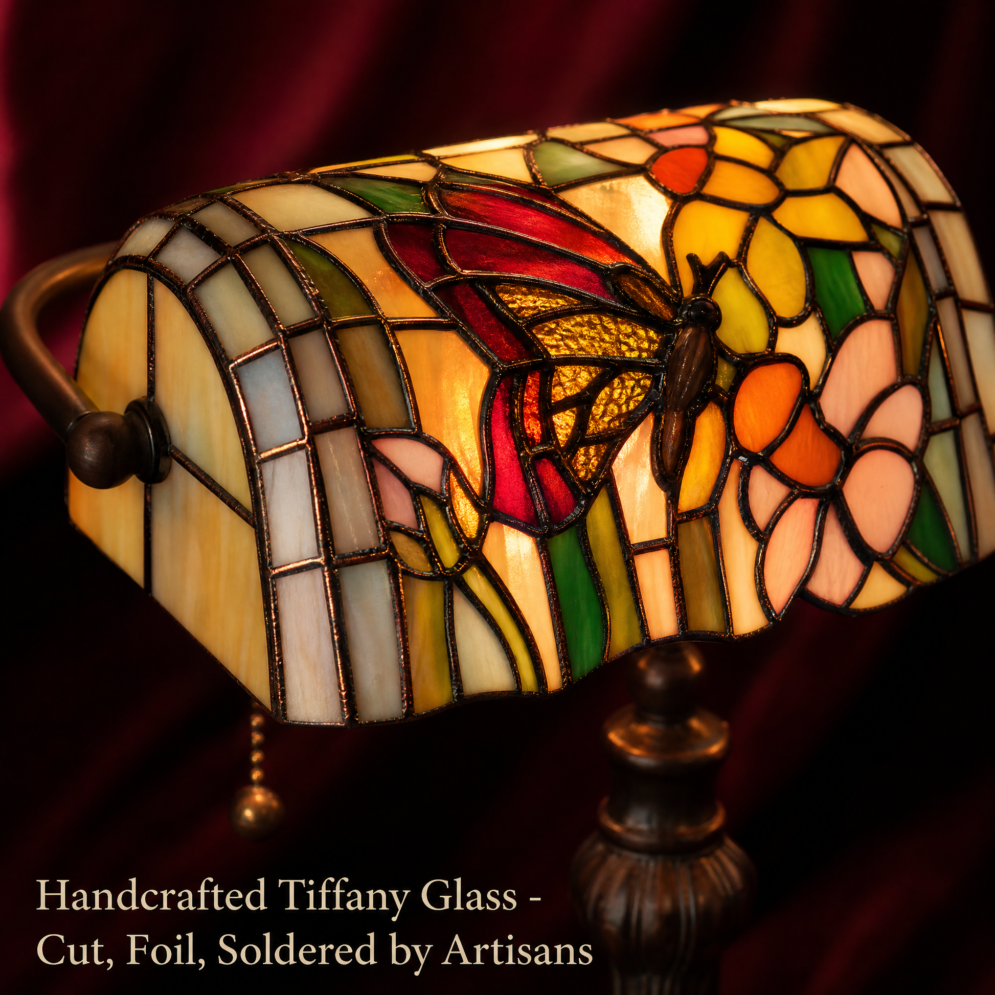 Close-up of Tiffany style butterfly banker lamp showing handcrafted stained glass butterfly and floral shade details