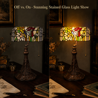 Tiffany style butterfly stained glass banker lamp light on and off comparison showing a warm colorful glow