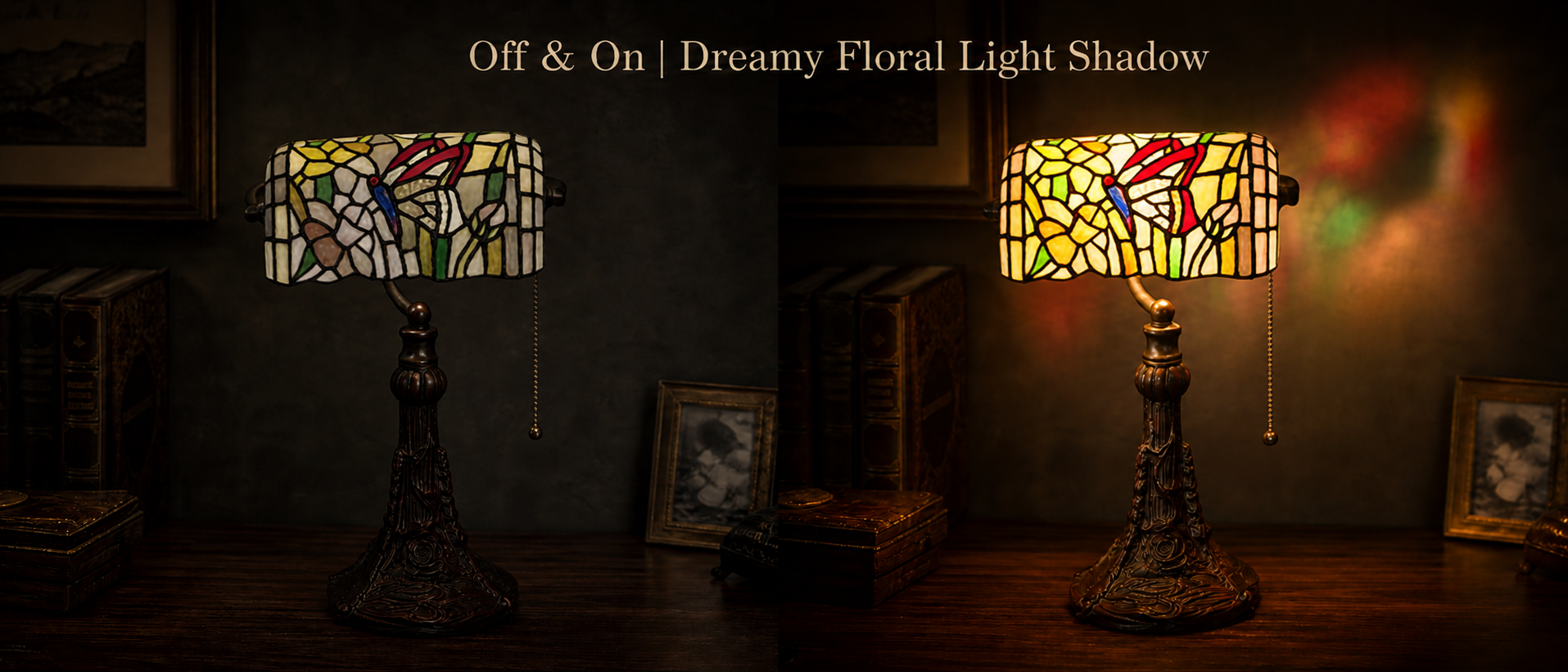 Tiffany style butterfly stained glass banker lamp light on and off comparison showing warm colorful ambient glow