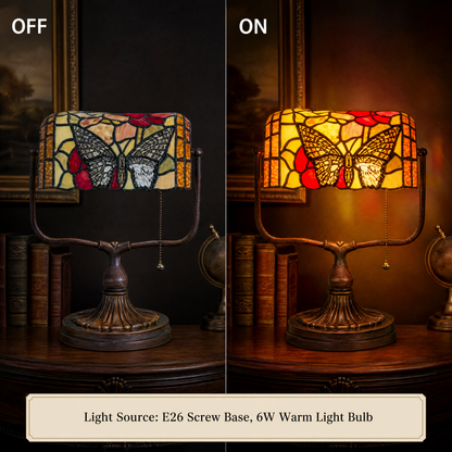 Tiffany style butterfly stained glass banker lamp light on and off comparison with warm glow and E26 light source