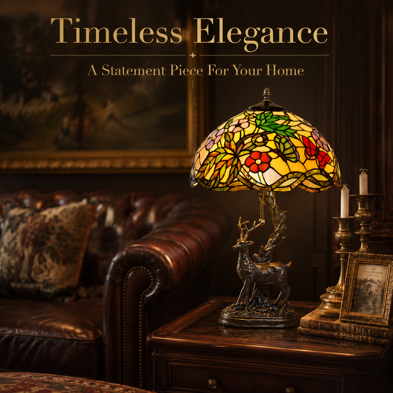 Elegant Tiffany bedroom table lamp with colorful stained glass shade providing soft warm lighting beside the bed