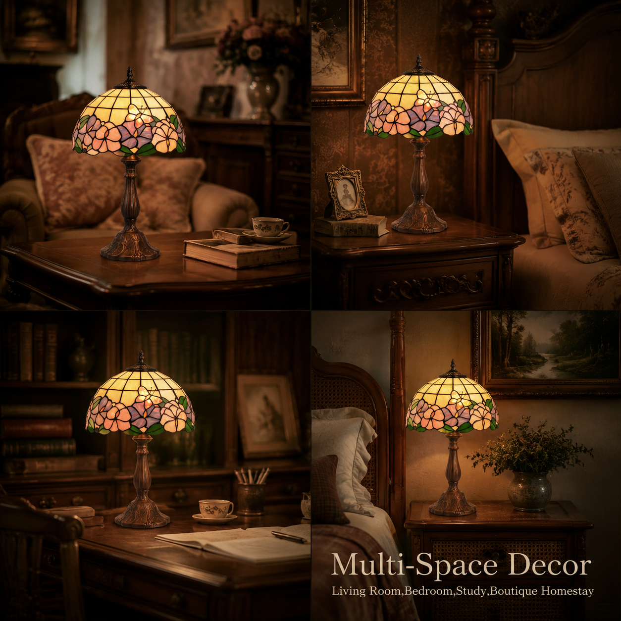 Butterfly Tiffany lamp displayed in bedroom, living room and study spaces as elegant vintage decorative lighting