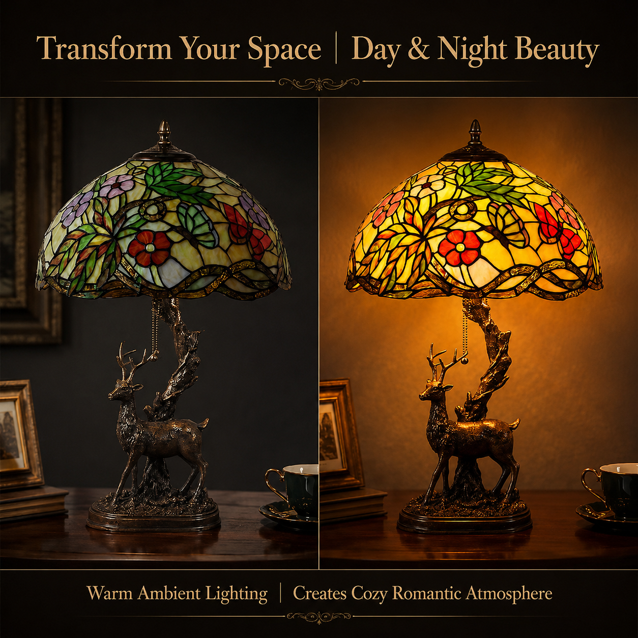 Butterfly Tiffany table lamp showing warm ambient lighting effect with stained glass shade illuminated and unlit