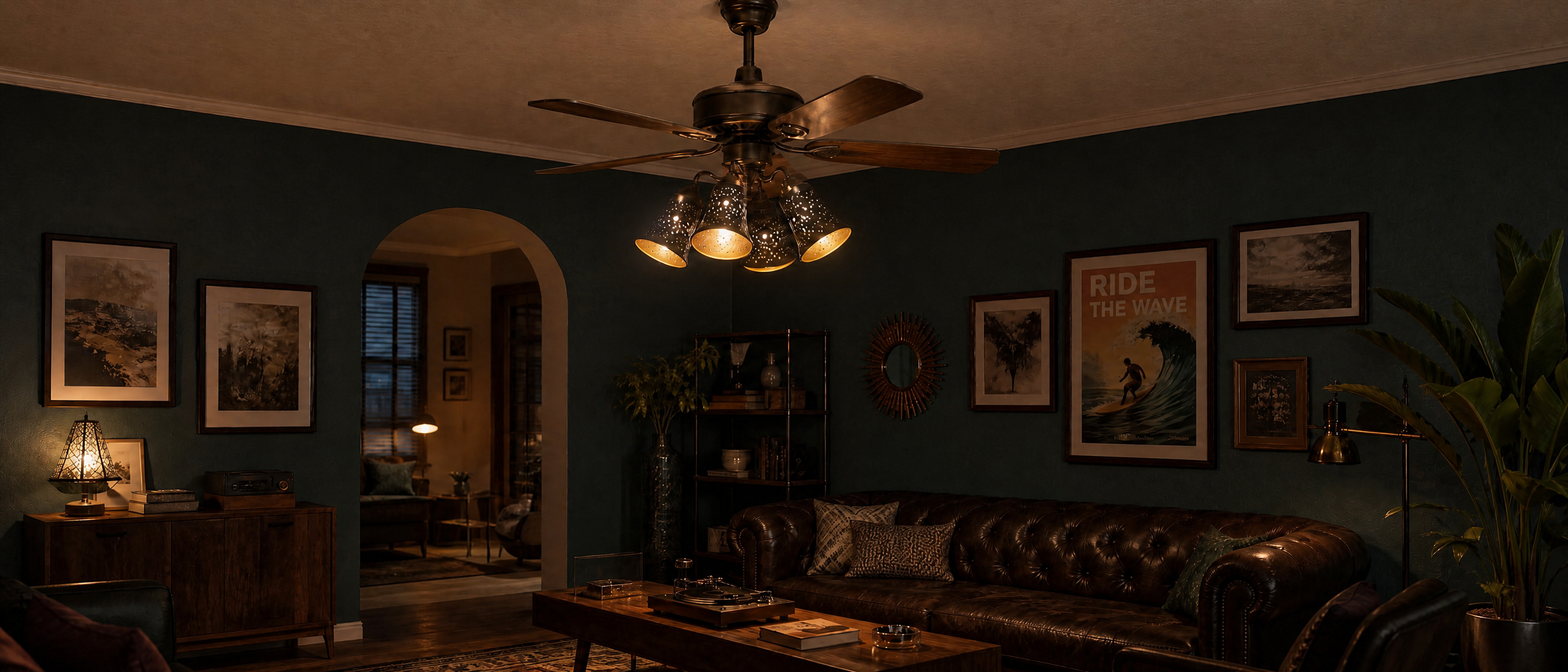 4-Pack Starlight Ceiling Fan Light Covers Installed on Vintage Ceiling Fan with Wooden Blades - Black Metal Bell Shape Shades with Delicate Starlight Etching and Gold Interior, 4.72"x4.72" Replacement for Chandeliers, Wall Sconces, 1-5/8" Fitter, Warm Ambient Lighting for Living Room
