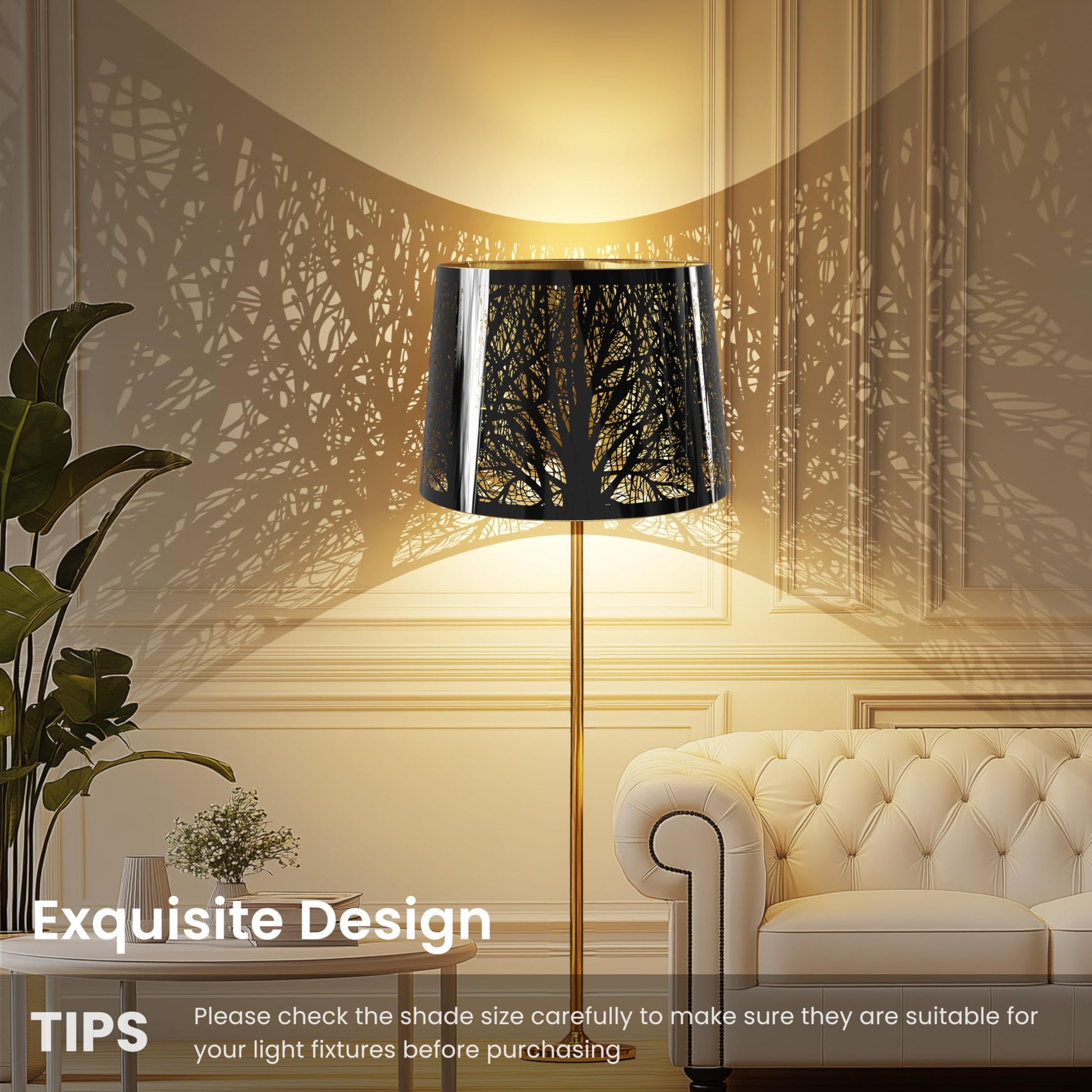 Chrome metal lampshade showing modern industrial design with reflective black stainless steel surface and warm gold interior finish
