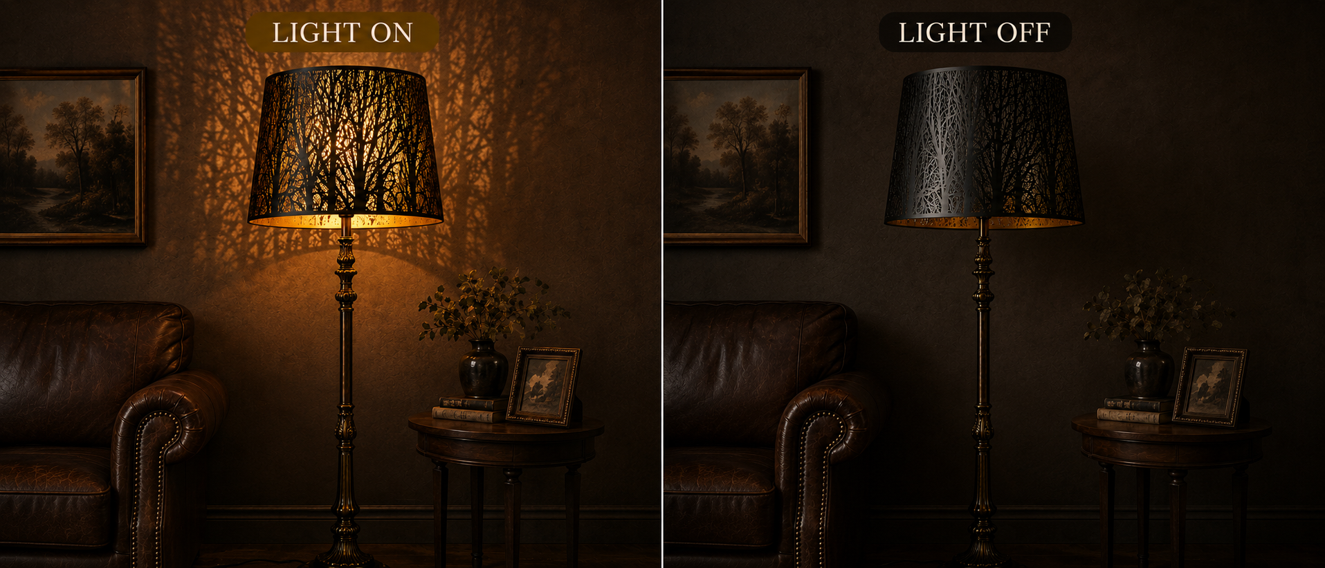Chrome forest metal lampshade pick your favorite lamp shape product feature banner, we select exceptional materials every lampshade is meticulously crafted to achieve lasting quality and elegant light projection, three key feature closeup diagrams metal fixing bracket universal E26 E27 fit easy installation, etched carved tree shadow lampshade premium metal hollow craft, outer bronze black finish inner gold light and shadow clarity, chrome forest tree silhouette pattern lamp shade on vintage brass table lam