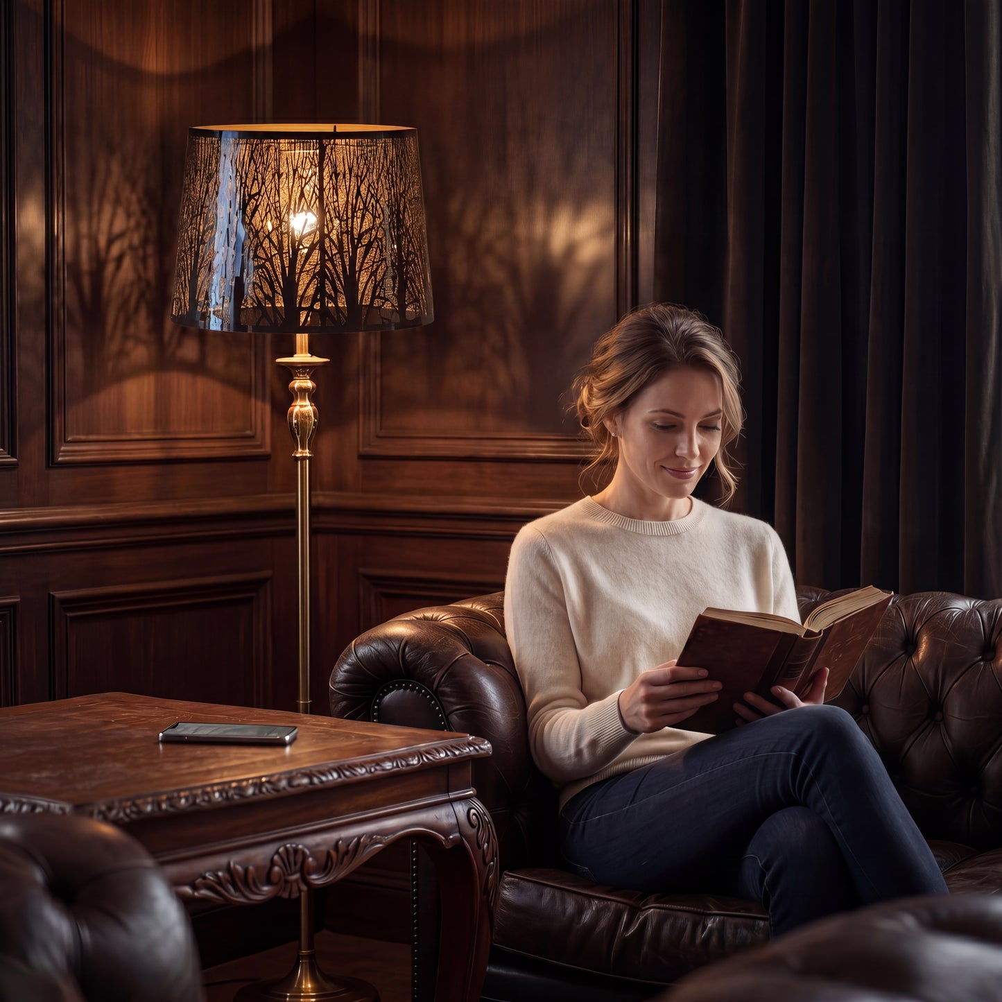Chrome forest metal lampshade on ornate brass gold floor lamp in dark wood panel living room, black chrome stainless steel exterior with gold interior and intricate forest tree branch pattern creating warm reflective glow and tree shadow projection on wall, woman in cream sweater and blue jeans sitting on dark brown leather chesterfield sofa reading a book by warm ambient lamp light, carved wood coffee table with smartphone, modern vintage industrial replacement lamp shade for floor lamp table lamp and ceil