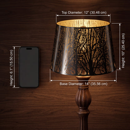 Chrome forest metal lampshade size dimension chart with smartphone size reference comparison, 12 inch top diameter x 14 inch base diameter x 10 inch height, 30.48 cm x 35.56 cm x 25.40 cm, black chrome stainless steel exterior with reflective polished silver chrome finish and warm gold interior with intricate forest tree branch laser cut etched pattern, spider fitter lamp shade designed as replacement for table lamps floor lamps and ceiling fixtures, medium size lampshade fits a wide range of lighting fixtu
