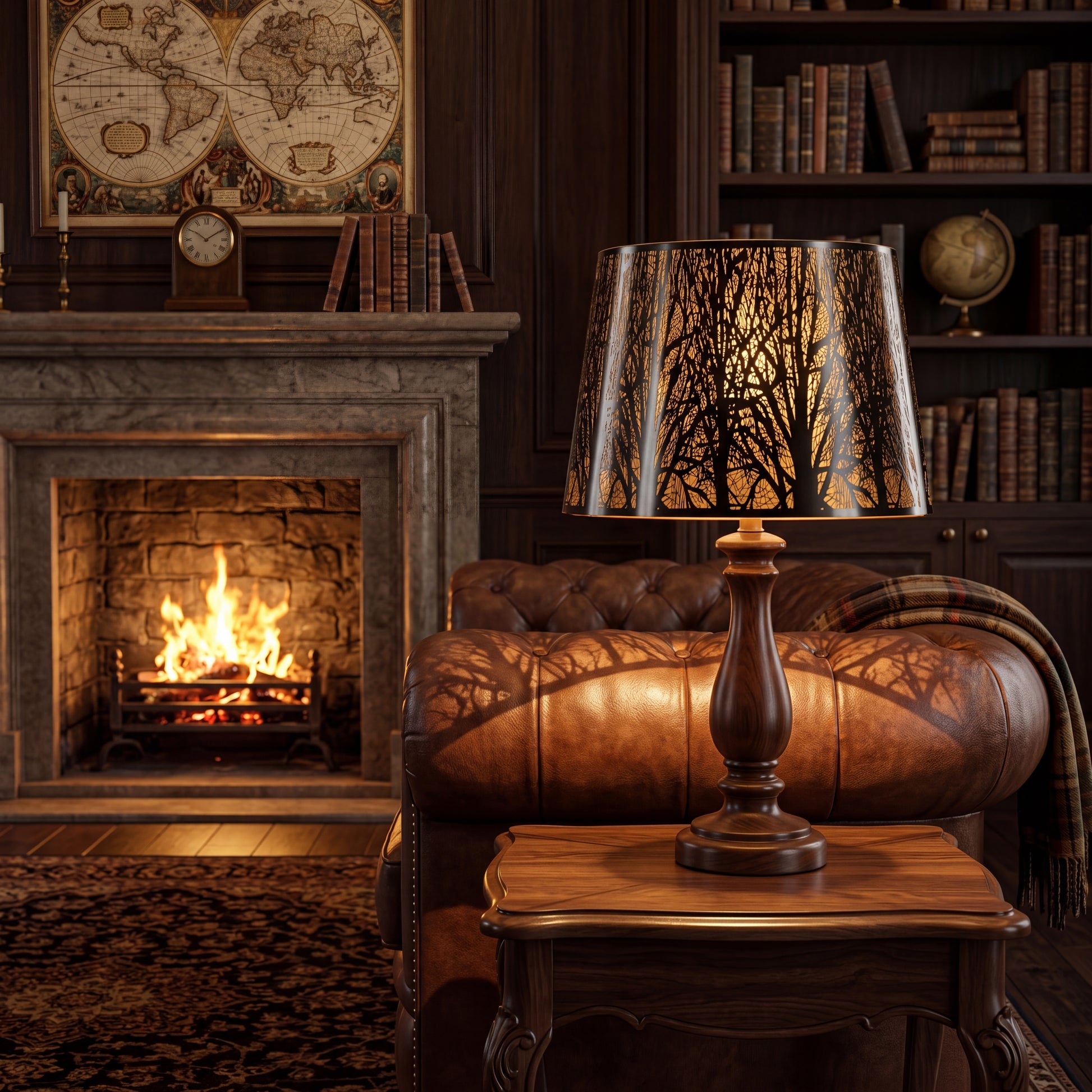 Chrome forest metal lampshade on dark wood carved table lamp in classic study library, black chrome stainless steel exterior with gold interior and intricate forest tree branch laser cut etched pattern casting warm tree shadow projection on leather armchair and dark wood panel wall, rustic stone fireplace with burning fire antique wooden mantel clock vintage old world map leather bound books bookshelves brass globe and plaid tartan throw blanket on chesterfield sofa, industrial modern vintage replacement la