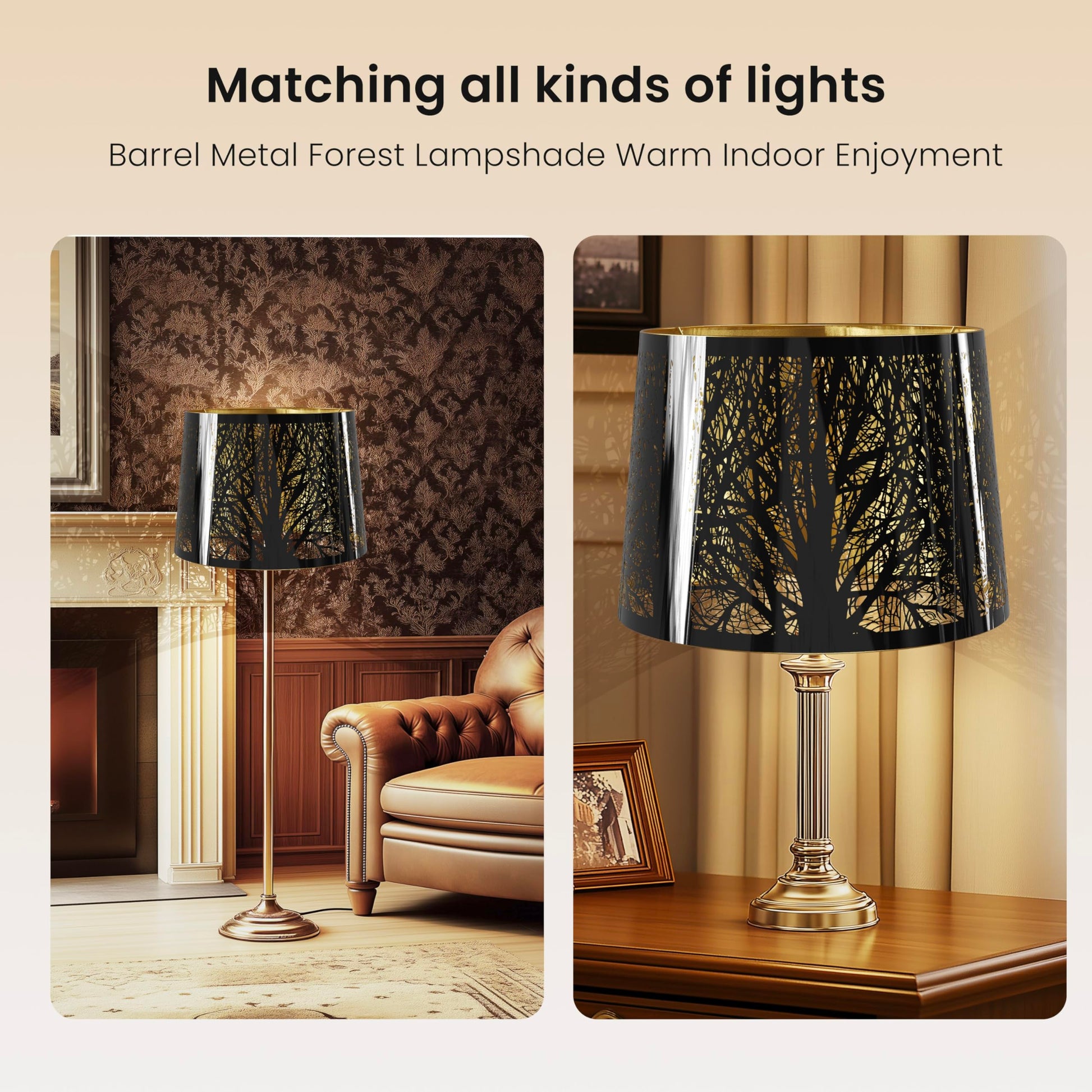 Illuminated chrome metal lampshade creating warm ambient glow through gold interior for modern vintage interior lighting