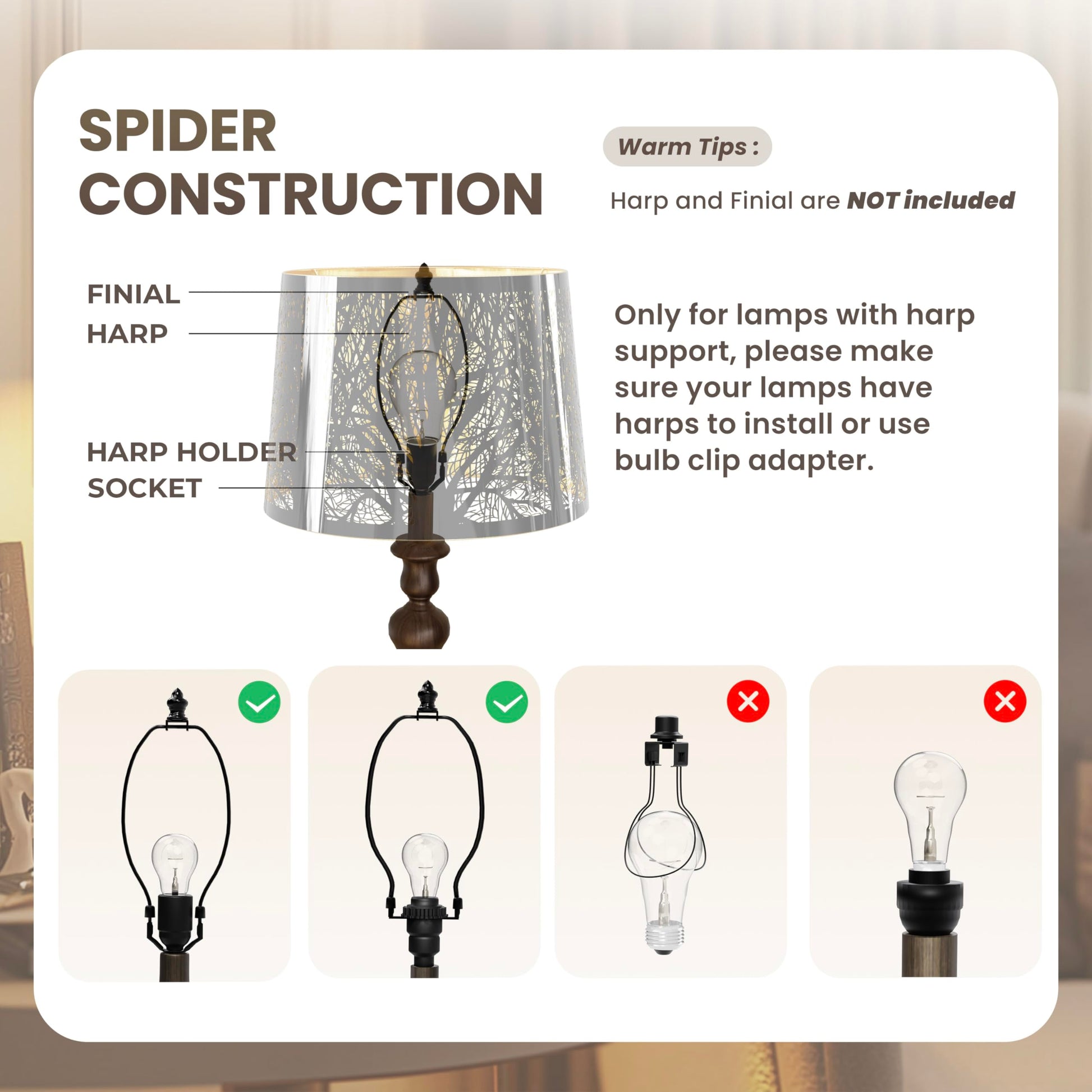 Spider fitter structure of chrome metal lampshade designed for secure installation on table floor and ceiling lighting fixtures