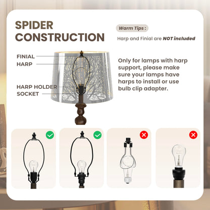 Spider fitter structure of chrome metal lampshade designed for secure installation on table floor and ceiling lighting fixtures