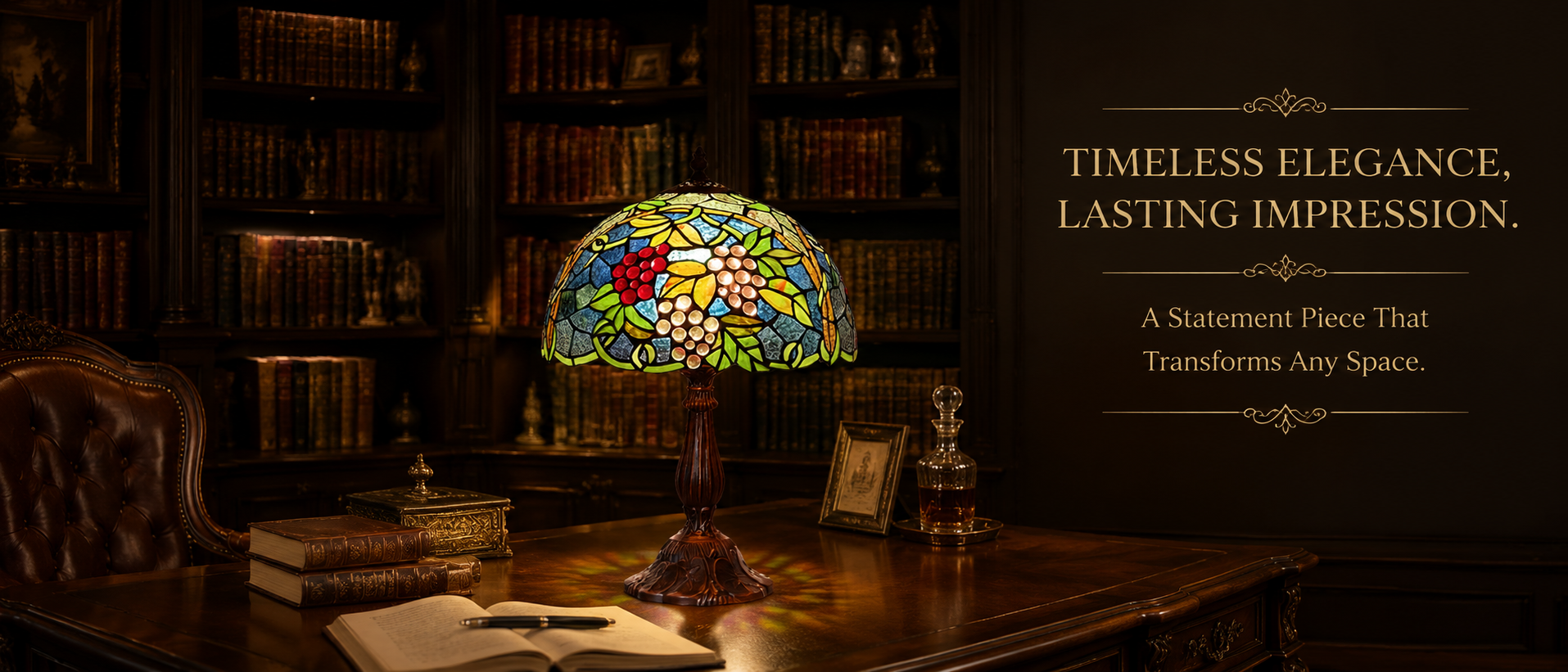 Classic art lamp placed on a wooden study desk creating an elegant atmosphere for reading and working