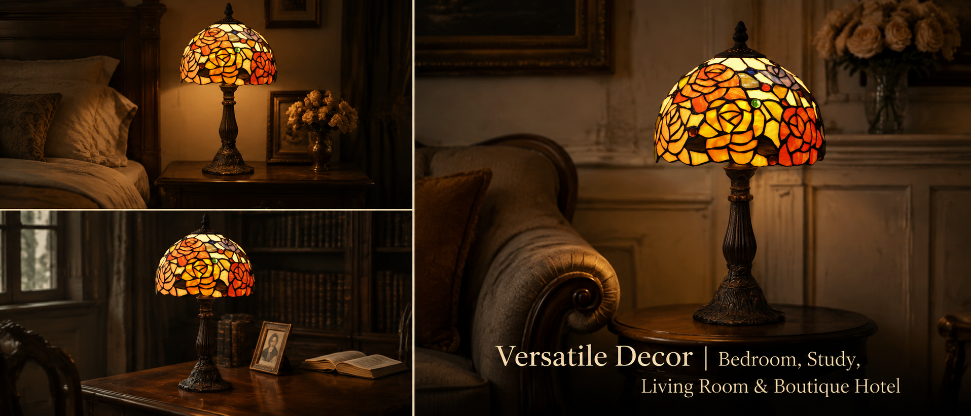 Classic floral lamp displayed in bedroom, study and living room spaces as elegant vintage home decor lighting