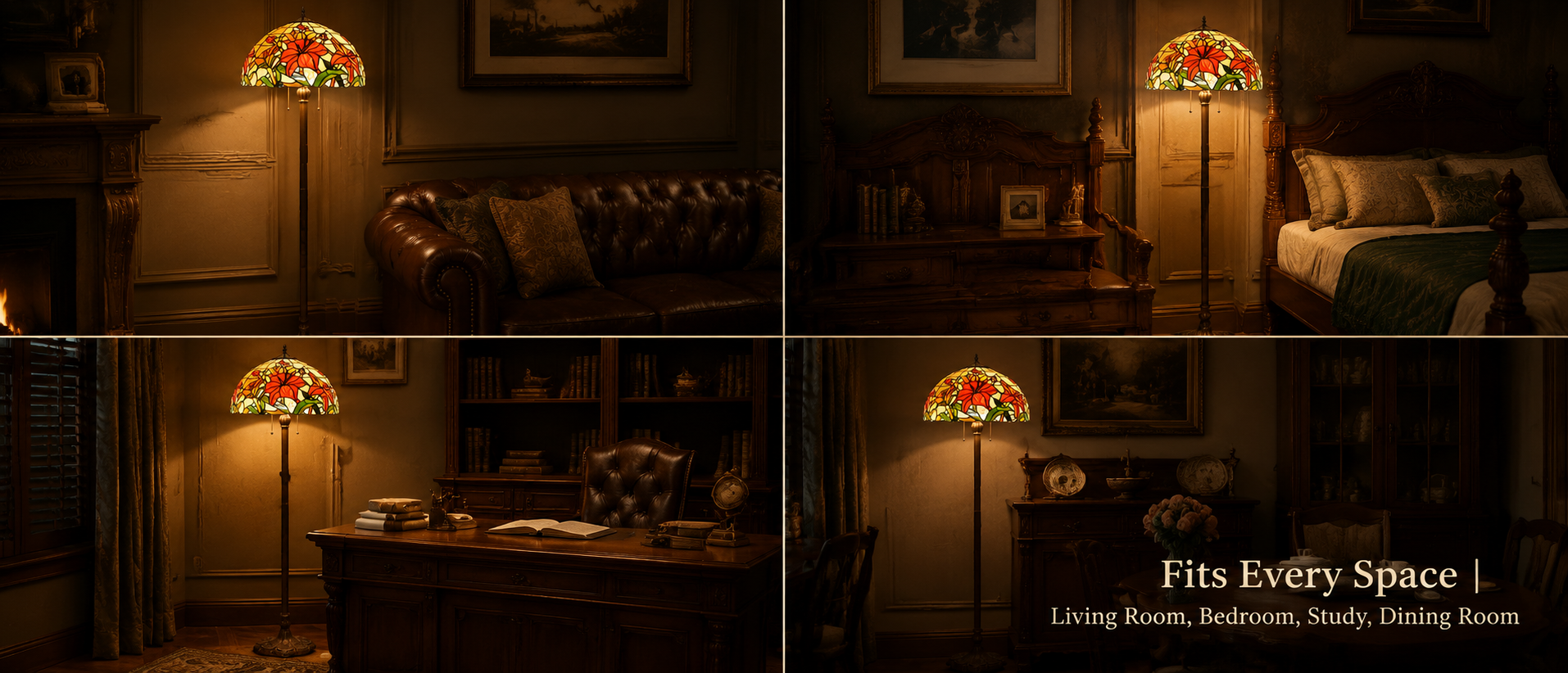Classic home interior lighting displayed in bedroom, study, living room and dining spaces with vintage decor
