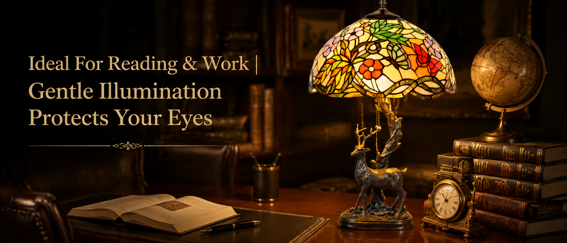 Classic Tiffany style reading lamp illuminating a traditional library desk with soft ambient light