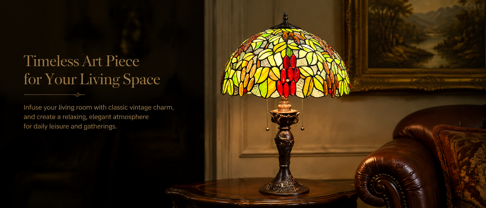 Classic living room featuring Tiffany style accent lighting with warm colorful stained glass glow