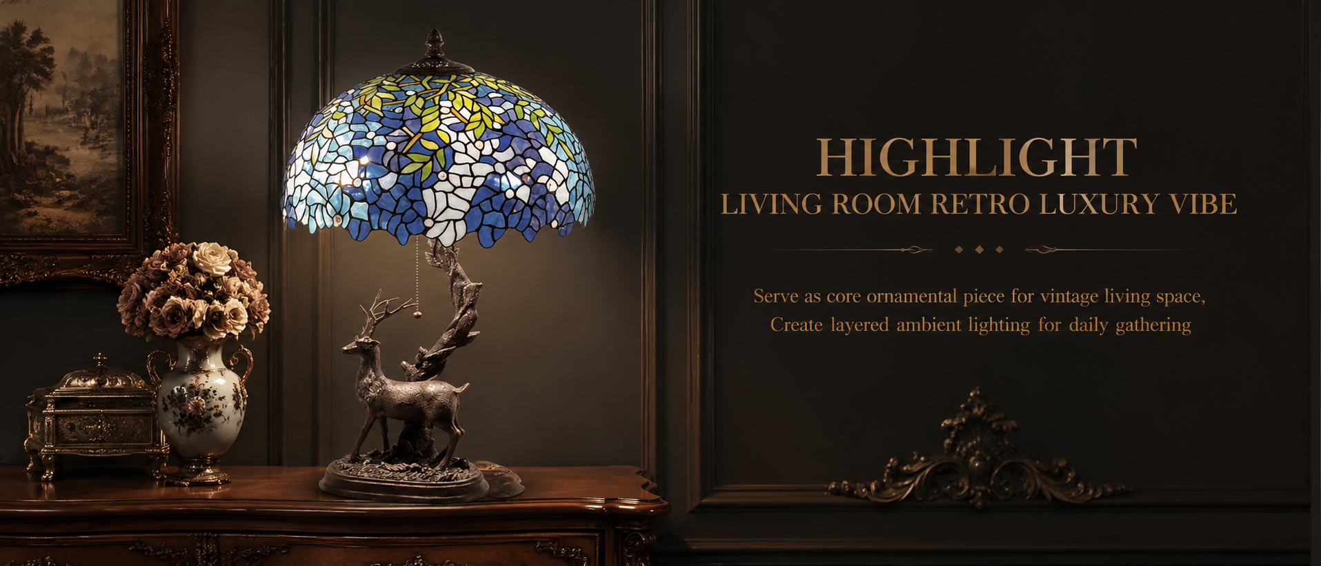 Classic living room featuring vintage stained glass lighting with elegant furniture and timeless decorative atmosphere