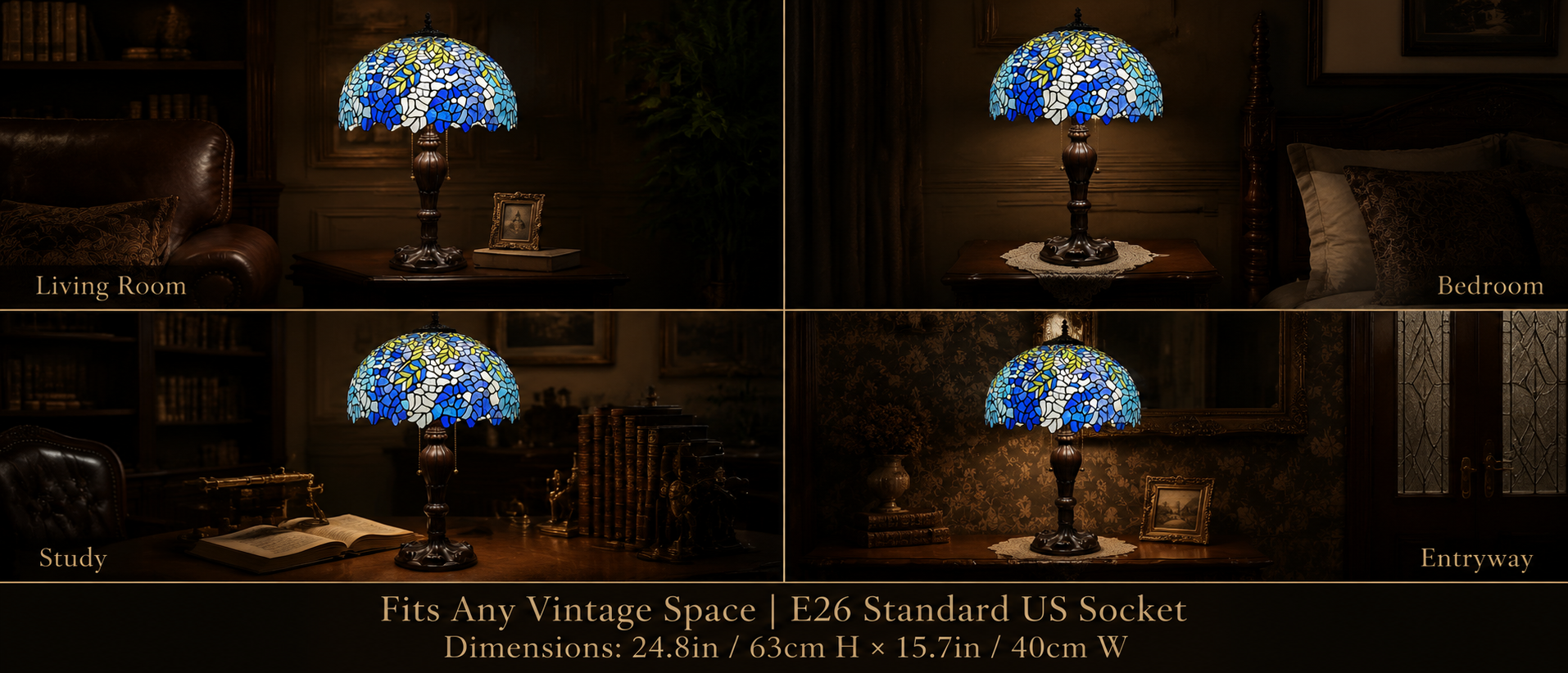Classic stained glass lamp displayed in living room bedroom study and entryway spaces for elegant vintage home decoration