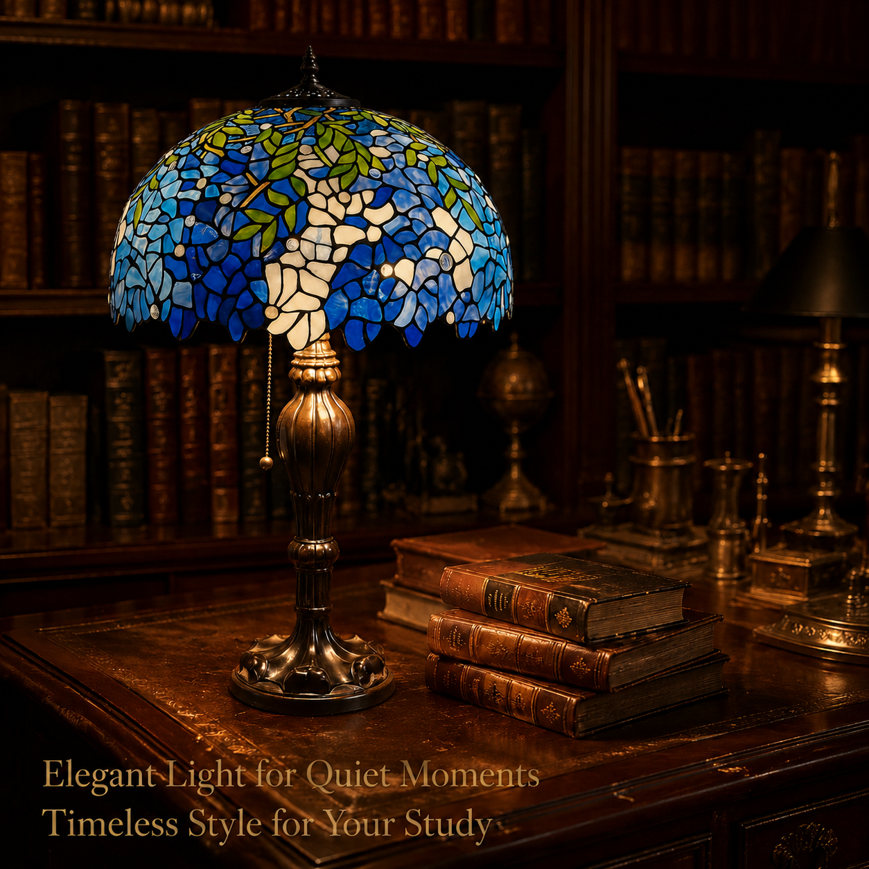 Classic Tiffany style reading lamp placed in a vintage study room with warm artistic stained glass illumination