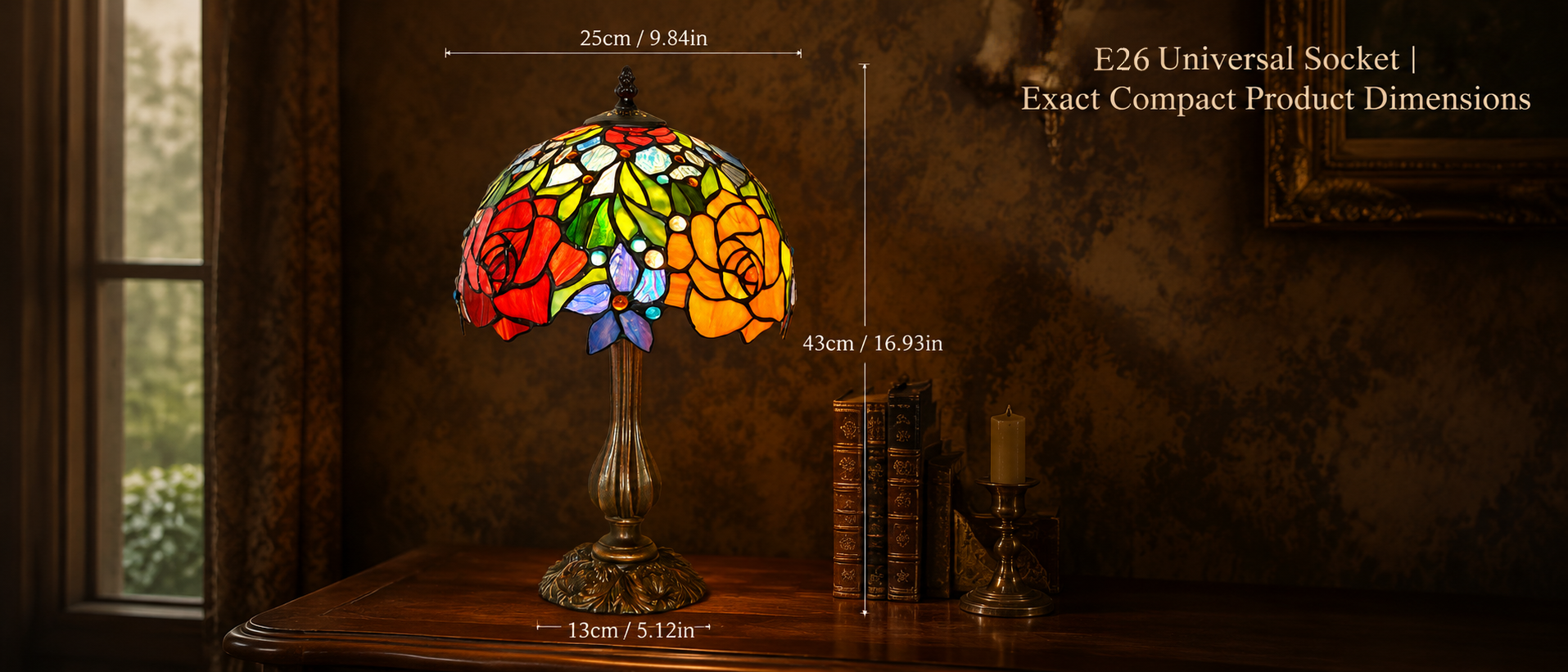 Floral bedside table lamp measuring 9.84 inches wide and 16.93 inches high with E26 socket and 5.12 inch base