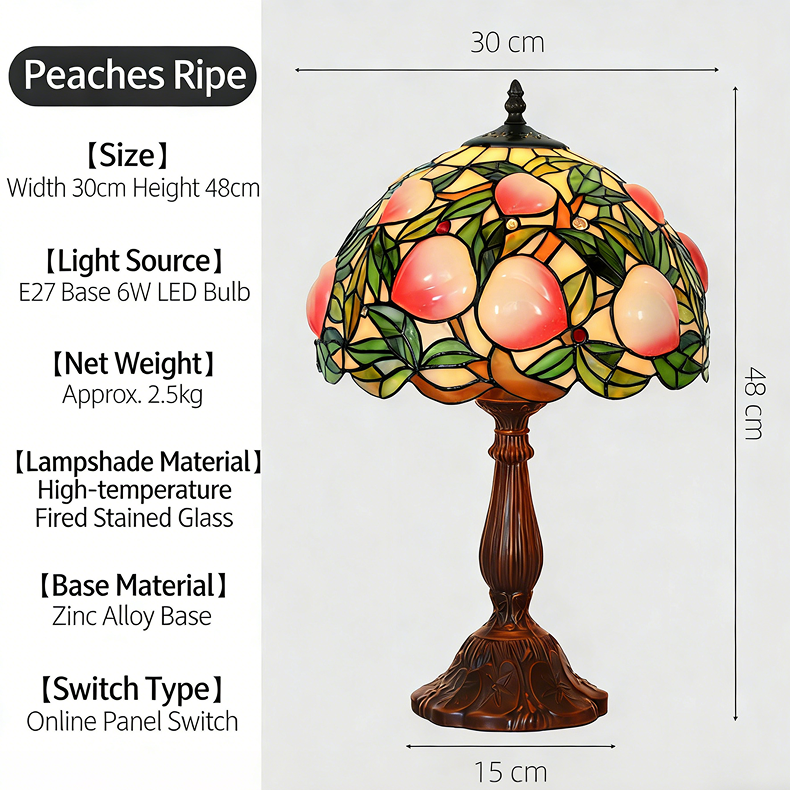 Peach fruit stained glass table lamp creating warm cottagecore ambiance in bedroom reading nook with soft lighting