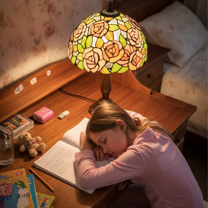 Aeelleea pink rose table lamp creating a cozy cottagecore reading corner with soft ambient lighting