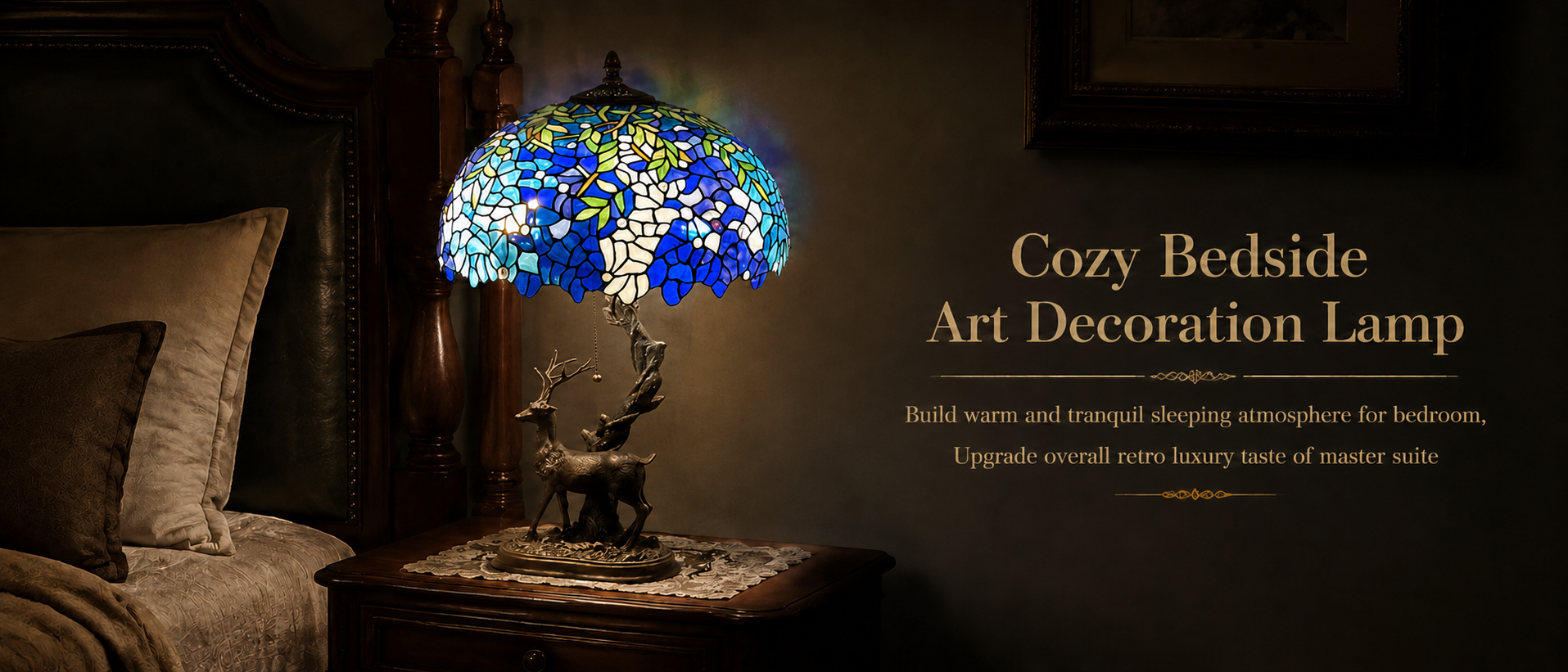 Cozy bedside decorative lamp creating warm ambient lighting with a handcrafted glass shade and classic bedroom style