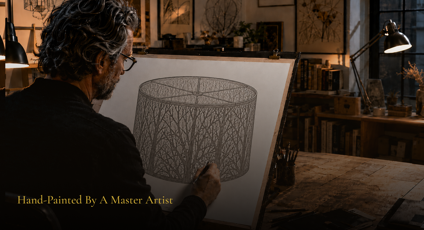 Hand-painted design process of a custom forest metal lamp shade inspired by artistic craftsmanship.