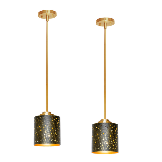 Cylinder pendant light with black and gold starry metal shade