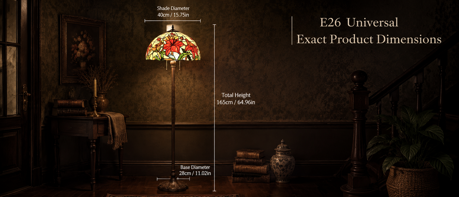 Decorative standing lamp size guide showing height measurements, shade diameter and E26 bulb compatibility
