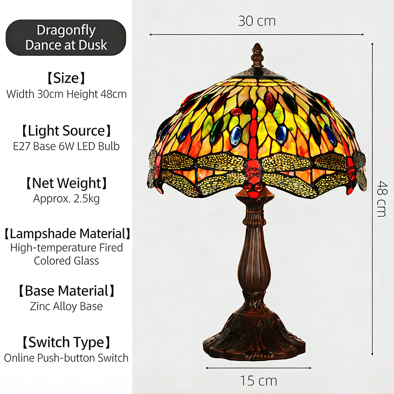 Dragonfly Art Nouveau Tiffany table lamp featuring stained glass shade casting warm golden dusk inspired ambient lighting