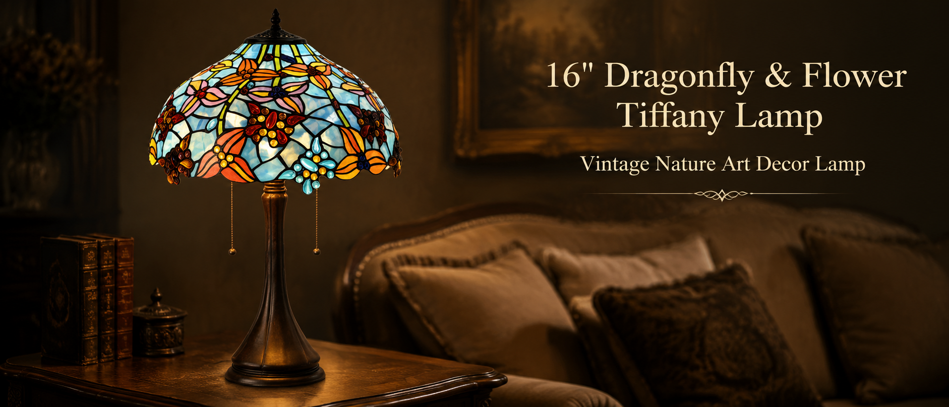 Dragonfly floral art glass table lamp creating a warm vintage atmosphere in an elegant bedroom interior